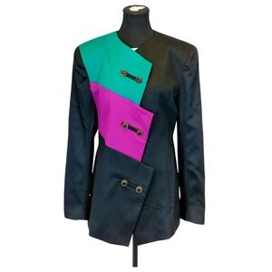 Vintage Edgy Professional Wool Colorblock Blazer Women 10 Black Green Magenta